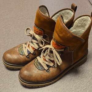 Rieker Peggy Brown Leather Boots with Colorful Knit Accents Size 42